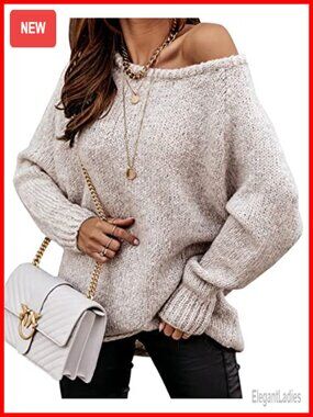 Oversized Womens Ribbed Knit Sweater Off Shoulder Crew Neck Long Sleeve Pullover